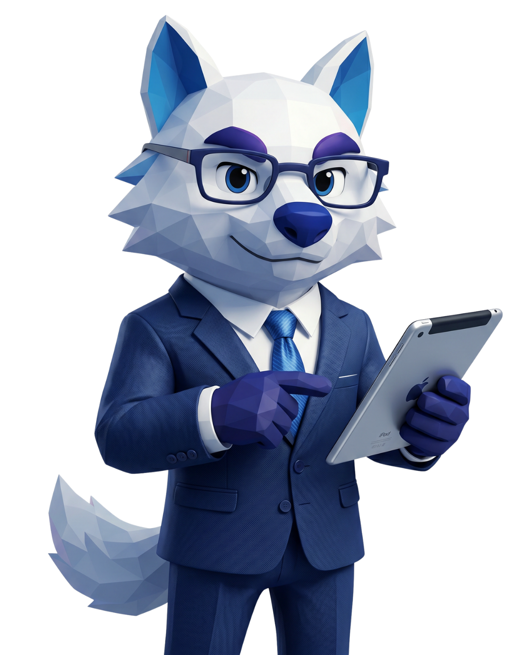 Lúcio, mascote da Levora, diante de painéis do CRM
